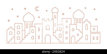Ligne arabe anciens bâtiments de la ville, maisons, arcs bannière. Bannière de médina vectorielle de contour simple. Illustration de Vecteur