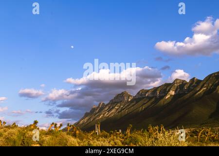 Vue panoramique d'un coucher de soleil sur le Cerro de las Mitras à Monterrey, Mexique. Banque D'Images