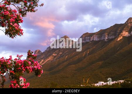 Vue panoramique d'un coucher de soleil sur le Cerro de las Mitras à Monterrey, Mexique. Banque D'Images