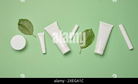 Tubes en plastique blanc, bocaux et récipients pour produits cosmétiques sur fond vert Banque D'Images