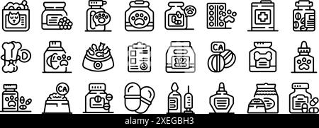 jeu d'icônes d'animaux de vitamines. Icônes de ligne représentant différents types de médicaments pour animaux, de vitamines et de suppléments prescrits par un vétérinaire Illustration de Vecteur