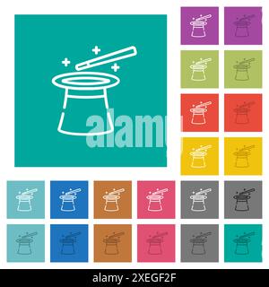 Chapeau magique et baguette délimitent des icônes plates multicolores sur des fonds carrés Unis. Inclus des variations d'icône blanches et plus foncées pour le survol ou les effets actifs Illustration de Vecteur