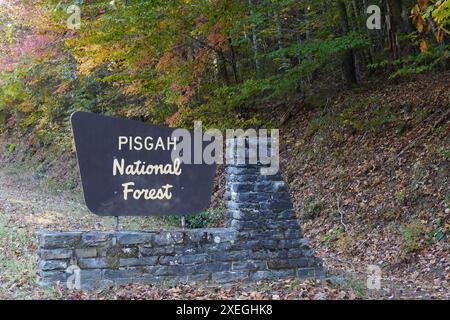 Panneau d'entrée le long de la Blue Ridge Parkway pour la forêt nationale de Pisgah en Caroline du Nord Banque D'Images