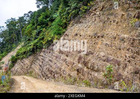 Grès et schiste intercalés dans les montagnes de Bornéo, Malaisie. Banque D'Images