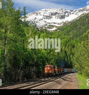 Train de marchandises BNSF en dessous de la montagne nyack dans la chaîne de flathead près de nyack, montana Banque D'Images