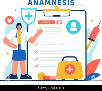 Illustration vectorielle d'un système d'anamnèse fournissant des informations sur les maladies et les bases de données de soins de santé dans un fond de dessin animé de style plat Illustration de Vecteur