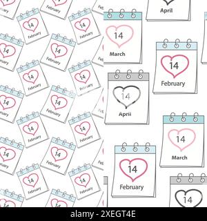 Modèle sans couture des pages de calendrier avec les vacances d'amour date 14 février, 14 mars et 14 avril. Saint Valentin, Blanc et Noir. Jeu de 2. Isoler. EPS. Vecteur pour papier peint, emballage ou toile Illustration de Vecteur