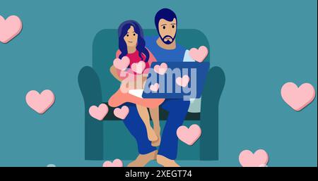 Image de formes de coeur se déplaçant sur couple avec un ordinateur portable assis sur un canapé sur fond bleu Banque D'Images