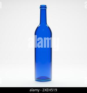 rendu 3d de bouteille de verre de vin bleu vide dans un fond blanc de studio isolé Banque D'Images