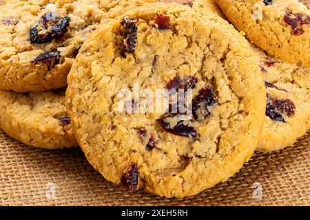 Pile extrême gros plan de flocons d'avoine circulaires croustillants faits maison et biscuits aux canneberges. Banque D'Images