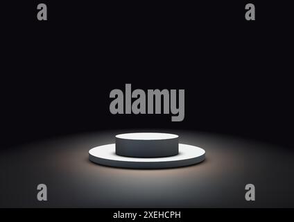 Podium blanc illuminé pour l'affichage du produit, la maquette et la vitrine dans le fond de la pièce sombre, modèle de conception élégant et moderne pour la salle d'exposition Illustration de Vecteur