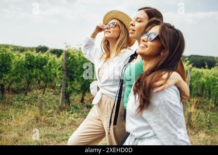 Trois jeunes femmes s'embrassent et marchent sur le vignoble. Banque D'Images