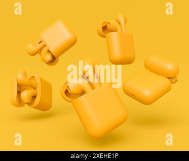 Ensemble d'écouteurs bluetooth sans fil dans l'étui de charge sur fond monochrome. Rendu 3D des accessoires pour écouter de la musique ou travailler à distance depuis la maison Banque D'Images