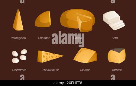 Ensemble de différents types de fromages. Illustration vectorielle avec texte. Idéal pour affiches et bannière, menu de café et boutiques Illustration de Vecteur