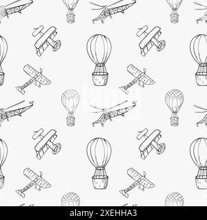 Motif sans couture vectoriel blanc noir avec contour d'avions et ballons à air chaud. Fond sans fin avec simple transport aérien rétro monochrome Illustration de Vecteur