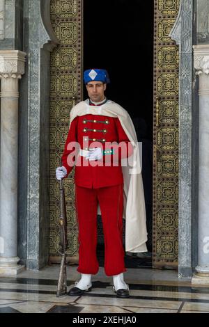 Vue rapprochée d'une garde d'honneur à l'entrée du tombeau de Mohammed V dans le centre-ville de Rabat Banque D'Images