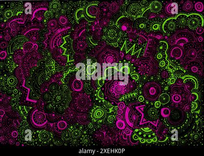 Fond monochrome abstrait. Rempli de motifs de style doodle. Couleurs violet et vert sur noir. Cercles, points, tourbillons, lignes, vagues, zigzags et Banque D'Images