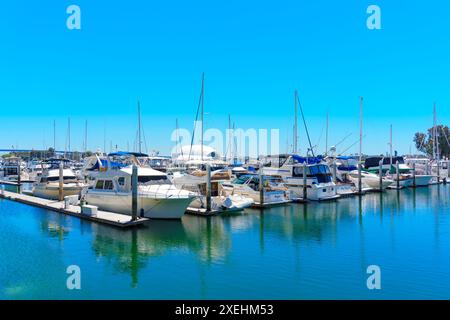 San Diego, Californie - 16 avril 2024 : divers bateaux amarrés à la marina de San Diego avec une eau calme. Banque D'Images