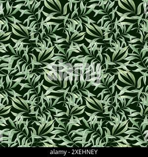 Motif sans couture des feuilles tropicales. Branches de laurier vert. Feuilles d'olivier. Composition de feuillage dense. Illustration aquarelle isolée sur noir Banque D'Images