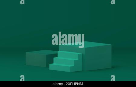 Arène verte de prix de podium 3d avec escalier pour la célébration de gain de prix illustration vectorielle réaliste. Socle de base rectangle carré geometr Illustration de Vecteur