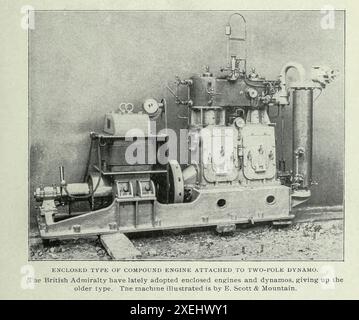 TYPE FERMÉ DE MOTEUR COMPOSÉ FIXÉ À DYNAMO BIPOLAIRE. DE L'ARTICLE ÉLECTRICITÉ POUR LE FONCTIONNEMENT DES MACHINES AUXILIAIRES SUR LES NAVIRES DE GUERRE. Par Lieut. J. K. Robison. Tiré de l'Engineering Magazine consacré au progrès industriel volume XVIII 1899-1900 The Engineering Magazine Co Banque D'Images