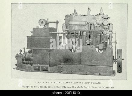 MOTEUR ÉLECTRIQUE LÉGER DE TYPE OUVERT ET DYNAMO fournis au navire de combat Chilien Blanco Encalada par E. Scott & Mountain à partir de l'article ELECTRICITY POUR LE FONCTIONNEMENT DES MACHINES AUXILIAIRES SUR LES NAVIRES DE GUERRE. Par Lieut. J. K. Robison. Tiré de l'Engineering Magazine consacré au progrès industriel volume XVIII 1899-1900 The Engineering Magazine Co Banque D'Images