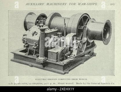 TREUIL À PONT COMPOSÉ À ENTRAÎNEMENT ÉLECTRIQUE. 25 h.p., 160 volts, 150 ampères, 320 tr/min. Plaie shunt. Fabriqué par le General Electric Co. à partir de l'article ÉLECTRICITÉ POUR LE FONCTIONNEMENT DES MACHINES AUXILIAIRES SUR LES NAVIRES DE GUERRE. Par Lieut. J. K. Robison. Tiré de l'Engineering Magazine consacré au progrès industriel volume XVIII 1899-1900 The Engineering Magazine Co Banque D'Images