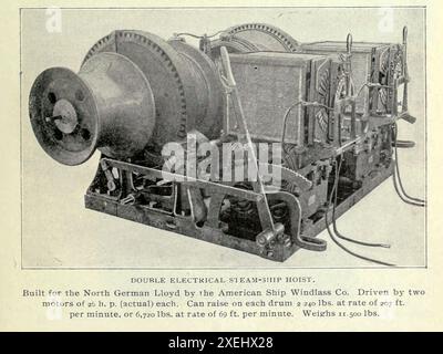 TREUIL ÉLECTRIQUE DOUBLE NAVIRE À VAPEUR construit pour le Lloyd nord-allemand par ihe American Ship Windlass Co. à partir de l'article ÉLECTRICITÉ POUR LE FONCTIONNEMENT DES MACHINES AUXILIAIRES SUR LES NAVIRES DE GUERRE. Par Lieut. J. K. Robison. Tiré de l'Engineering Magazine consacré au progrès industriel volume XVIII 1899-1900 The Engineering Magazine Co Banque D'Images