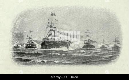 Un convoi de navires à vapeur de l'article ÉLECTRICITÉ POUR LE FONCTIONNEMENT DES MACHINES AUXILIAIRES SUR LES NAVIRES DE GUERRE. Par Lieut. J. K. Robison. Tiré de l'Engineering Magazine consacré au progrès industriel volume XVIII 1899-1900 The Engineering Magazine Co Banque D'Images