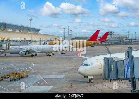 Certains avions avec escaliers en échelle menant au parking de l'aéroport. Vue sur le tablier d'un important centre de transport aéroportuaire. Banque D'Images