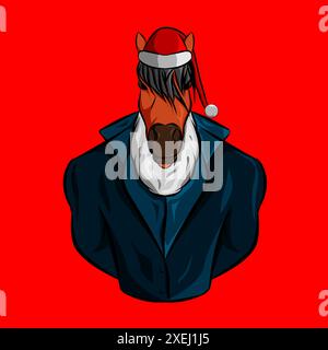 dessin animé de cheval de noël avec conception de logo de chapeau de père noël sur fond isolé Illustration de Vecteur