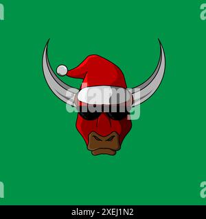 dessin animé de taureau de vache de noël avec conception de logo de chapeau de père noël sur fond isolé Illustration de Vecteur