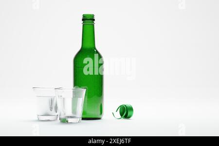 rendu 3d de bouteilles de soju coréen isolées et verres alcohoc boisson Banque D'Images