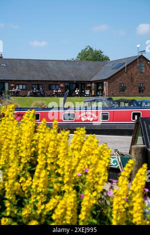Des bateaux étroits amarrés à Aqueduct Marina sur la branche Middlewich du Shropshire Union canal dans le Cheshire. Banque D'Images