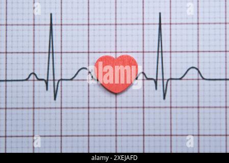 Gros plan d'un cœur rouge sur une impression d'électrocardiogramme (ECG). Le graphique ECG montre un rythme sinusal normal. Cœur sain, concept de bien-être. Banque D'Images