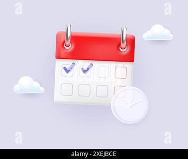 Icône de calendrier avec coche et horloge. Concept de planification du travail et de la journée sur fond avec des nuages. Illustration vectorielle. Illustration de Vecteur