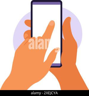 Homme tenant main smartphone avec écran blanc vierge. À l'aide d'un smartphone mobile. Conception plate. Illustration vectorielle Illustration de Vecteur