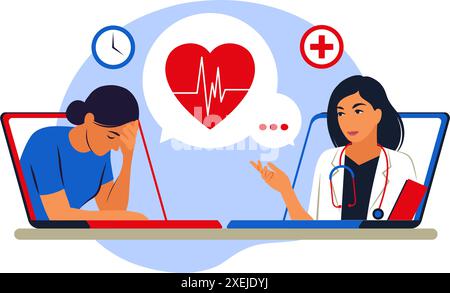 Consultation du patient au médecin via Internet. Assistance médicale en ligne. Médecin en ligne. Services de santé, demandez à un médecin. Médecin de famille Illustration de Vecteur