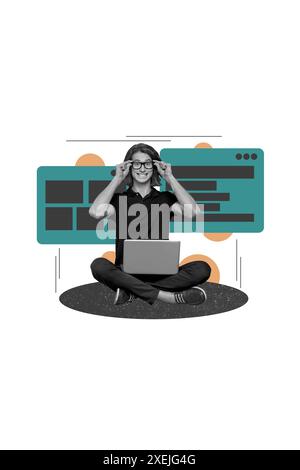 Image d'esquisse de tendance collage de photo de l'interface de page Web Internet gestionnaire de projet espace de travail vidéo jeune gars heureux travail portable geek Banque D'Images