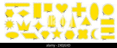 Coupez ici. Ciseaux noirs coupant. Ensemble de formes de tiret coupé isolé sur fond blanc. Illustration vectorielle simple. Coupez par cisaillement le coupon de papier ou Illustration de Vecteur