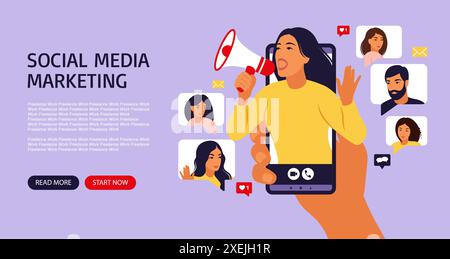 Femme dans le smartphone criant dans le haut-parleur. Bannière, flyer, page web d'influenceur ou de marketing social. Promotion de compte de médias sociaux, audience ou Illustration de Vecteur