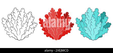 Ensemble sous-marin de coraux bleu et rouge orange, élément de design marin, isolé sur fond blanc. Illustration vectorielle Illustration de Vecteur