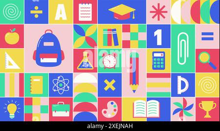 Fond géométrique coloré moderne avec des fournitures scolaires et des formes. Motif de retour à l'école et conception de mosaïque. Illustration vectorielle Illustration de Vecteur
