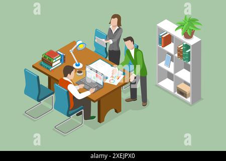 3D Isométrique Flat illustration conceptuelle de la discussion d'équipe, collègues à la recherche d'une solution 3D Isométrique Flat Conceptual Banque D'Images