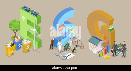 3D Isométrique Flat illustration conceptuelle de l'ESG en tant que performance environnementale, sociale et de gouvernance, de durabilité d'entreprise Banque D'Images