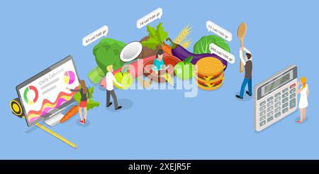 3D Isomtric Flat illustration conceptuelle de Calculatrice de calories, régime alimentaire et saine alimentation 3D Isomtric Flat Conceptual Illustra Banque D'Images