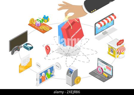 3D Isométrique Flat illustration conceptuelle d'Omnichannel, plusieurs canaux de communication entre le vendeur et le client 3D Isometr Banque D'Images