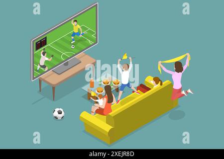 3D Isomtric Flat illustration conceptuelle de football regarder, Family Watch Football Game on TV 3D Isomtric Flat Conceptual il Banque D'Images