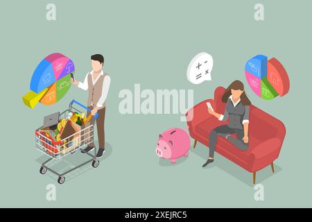 Illustration conceptuelle plate isométrique 3D de Personal Home Finance, planification budgétaire illustration conceptuelle plate isométrique 3D. Banque D'Images