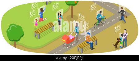 3D Isométrique plat illustration conceptuelle de la technologie de reconnaissance faciale, système de vérification et de surveillance 3D Isométrique FLA Banque D'Images